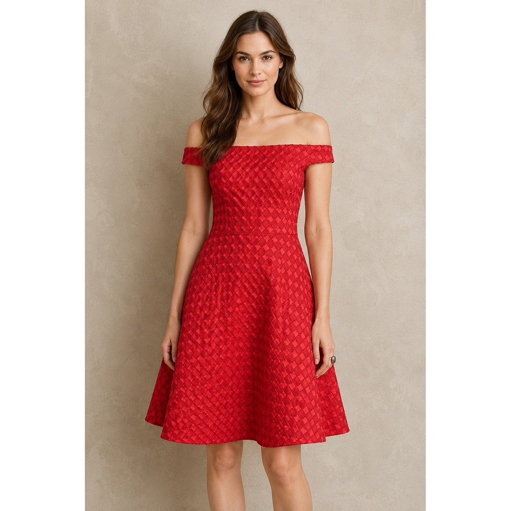 Moulinette Soeurs Anthropologie Red Textured Fit & Flare Dress 2 Cocktail Party